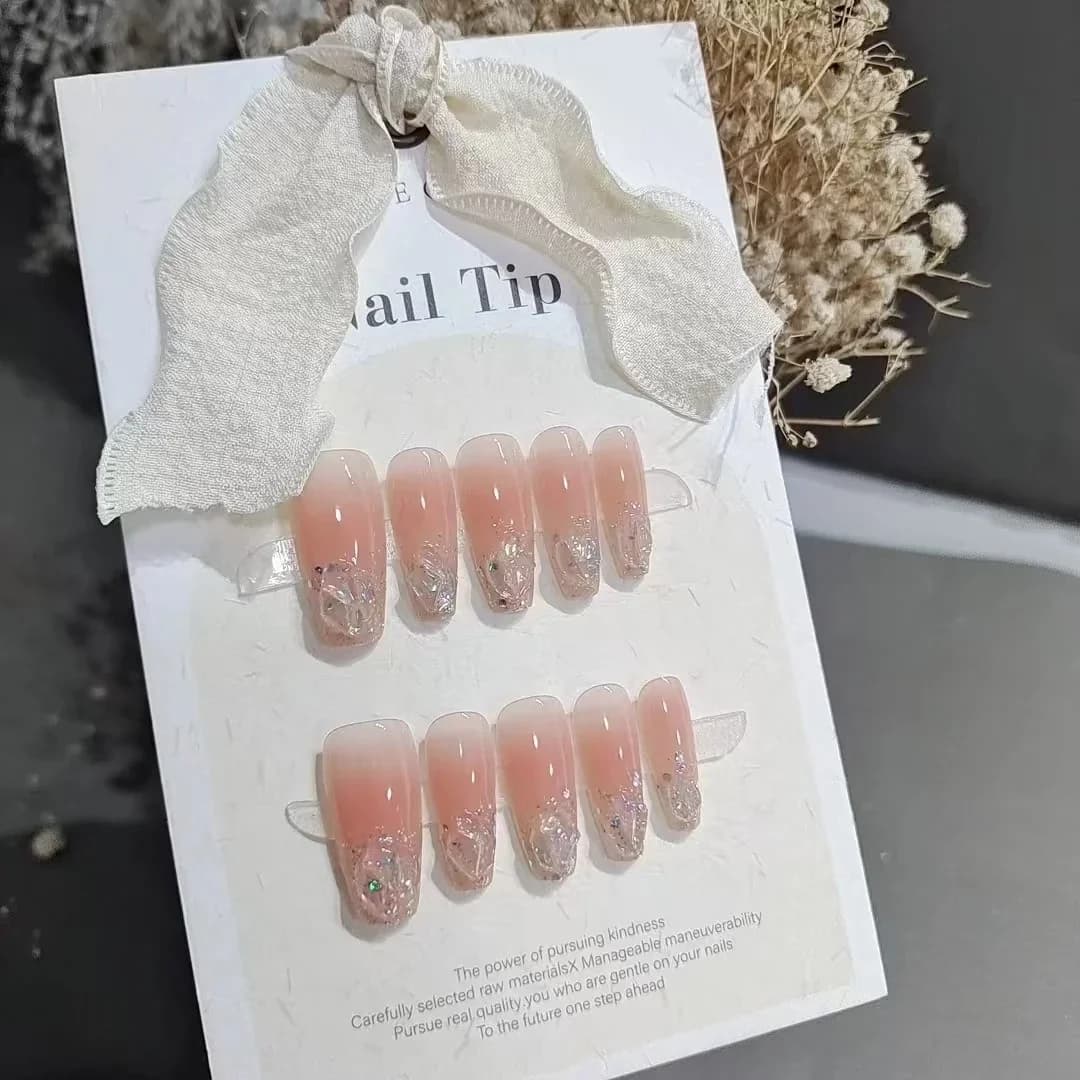 Press-On Nails Kort Medium Coffin Glitter Strass Blosroze Set