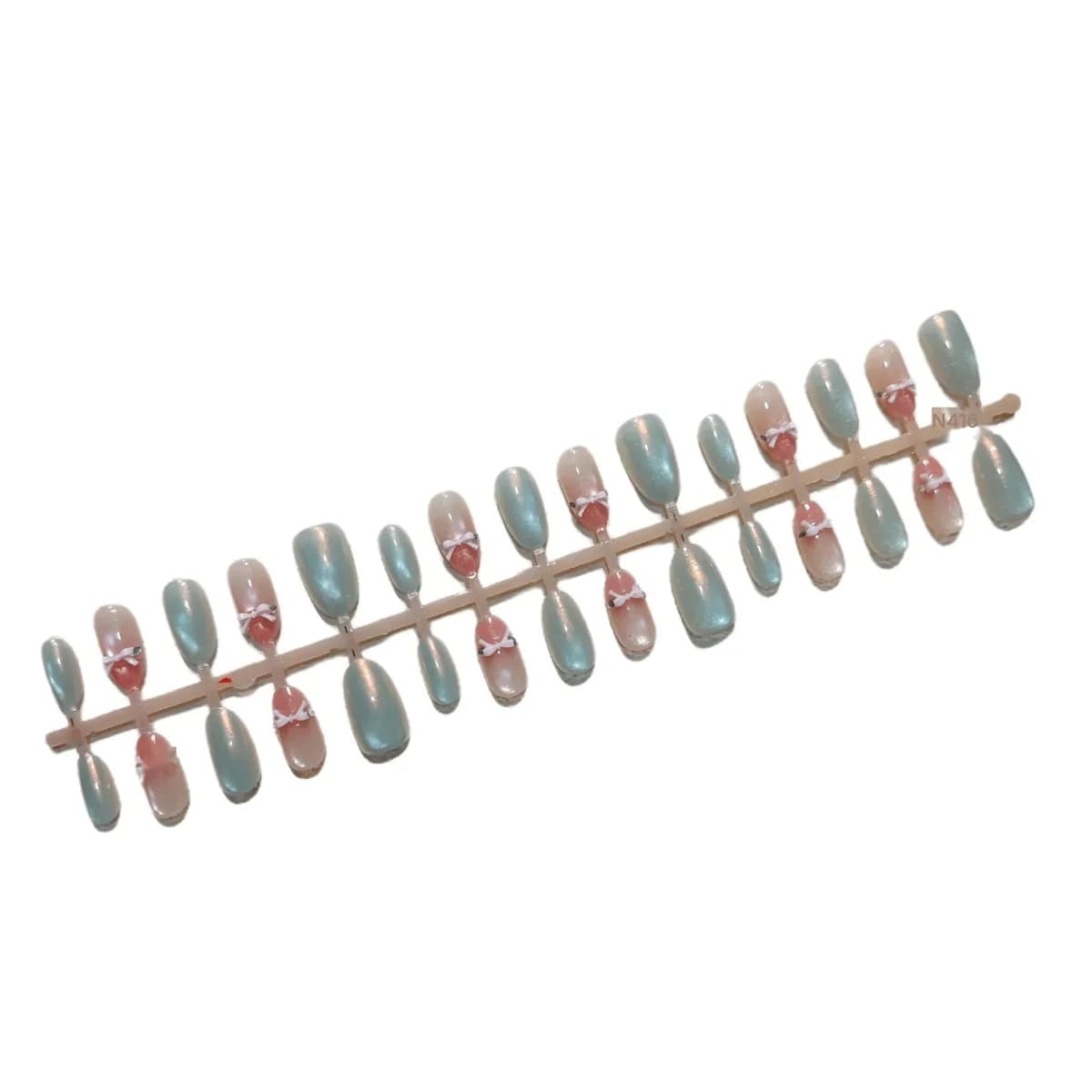 Roze Cat Eye Press-On Nails met Strik en Glasparels