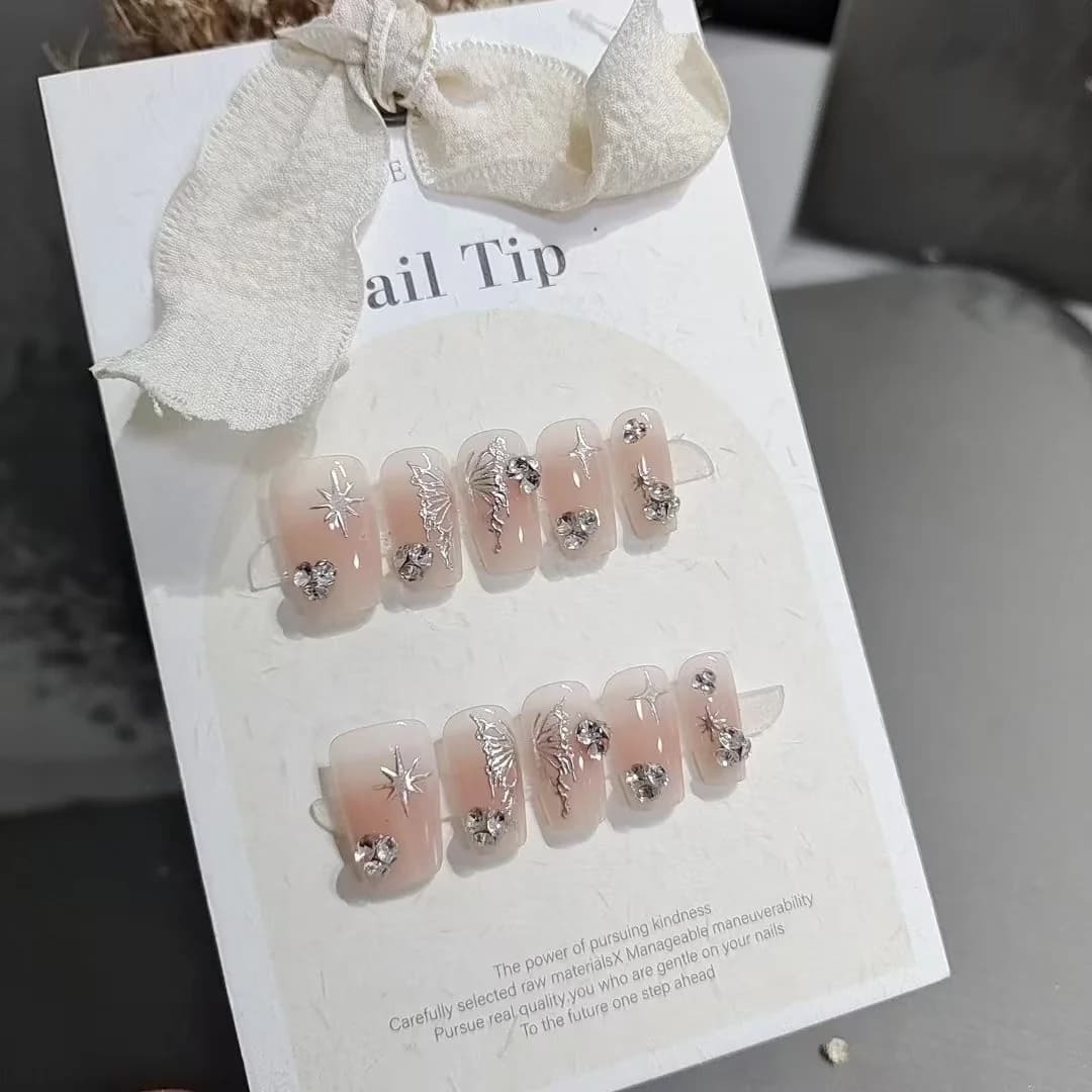 Vlindervleugel Press-on Nails, Kort Coffin Model, Zilver Glitter