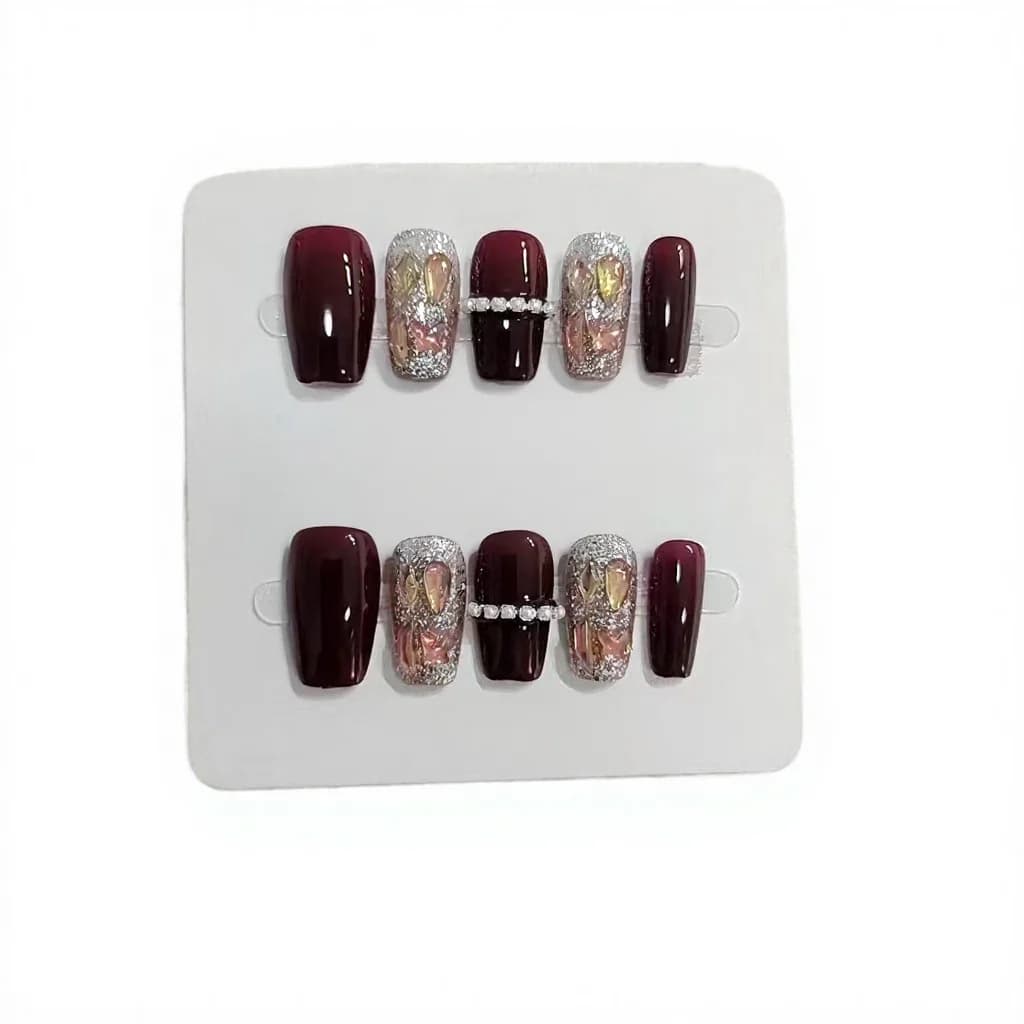 Rode Sterrenhemel Press-On Nails met Ketting Strass Steentjes Kort Coffin Vorm