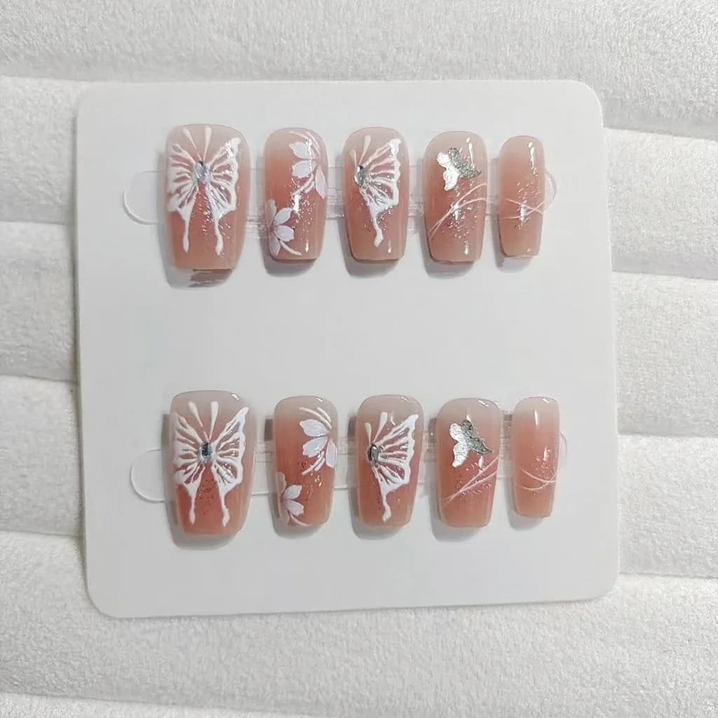 Korte Vierkante Press-On Nails met Vlinder French Tip en Glitter