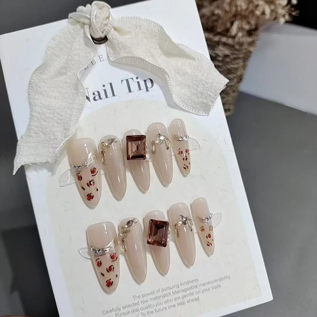 Luipaardprint Press-on Nails met Strass, Lange Stiletto Vorm