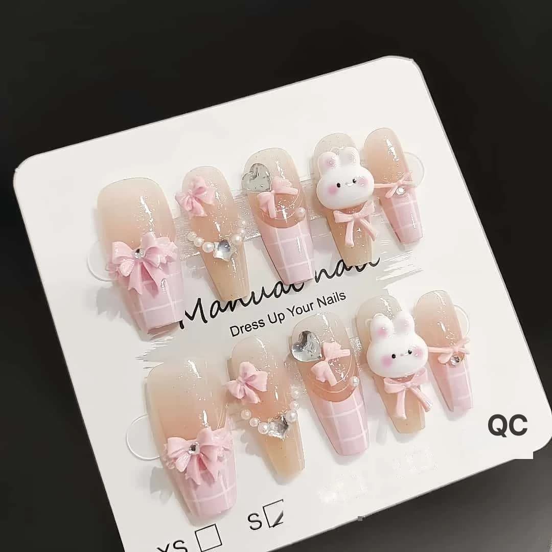 Leuke Roze Konijn Press-On Nails 30 Stuks Middelgroot Coffin