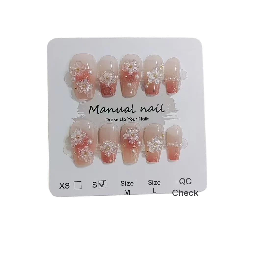Bloemen Press-On Nails Korte Coffin Vorm Leuk Blush Design 10 Stuks