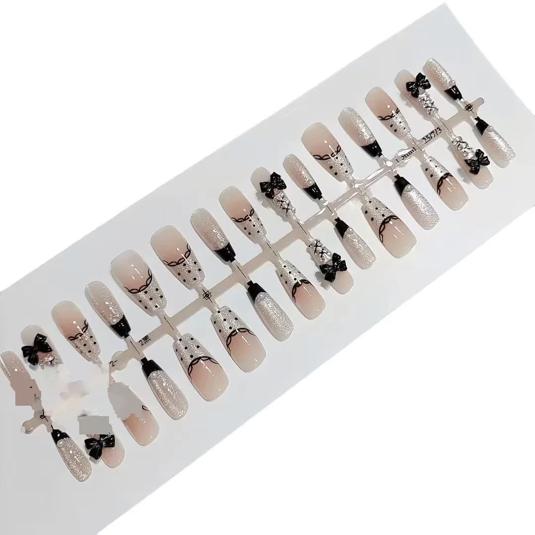 Press-on nails Franse punt met kant, strik en stippen 30 stuks