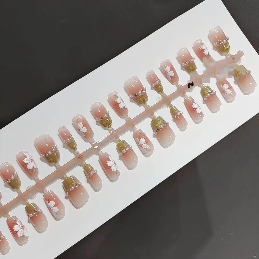 Press-On Nails Kort Kist Groen Bloemen Cat Eye Design 30 Stuks