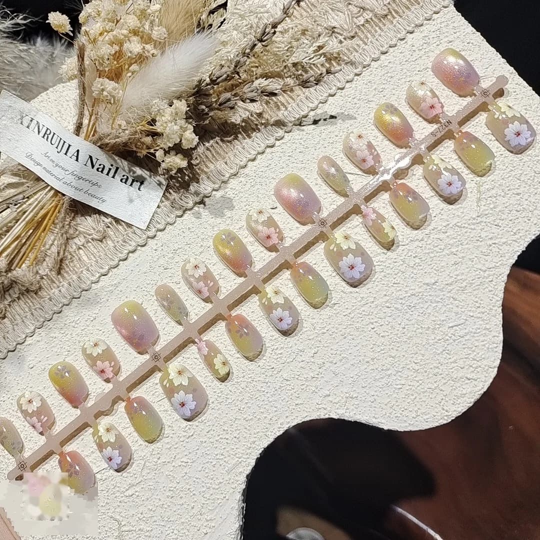 Bloemen Cat Eye Kunstnagels Kort Ballerina Vorm