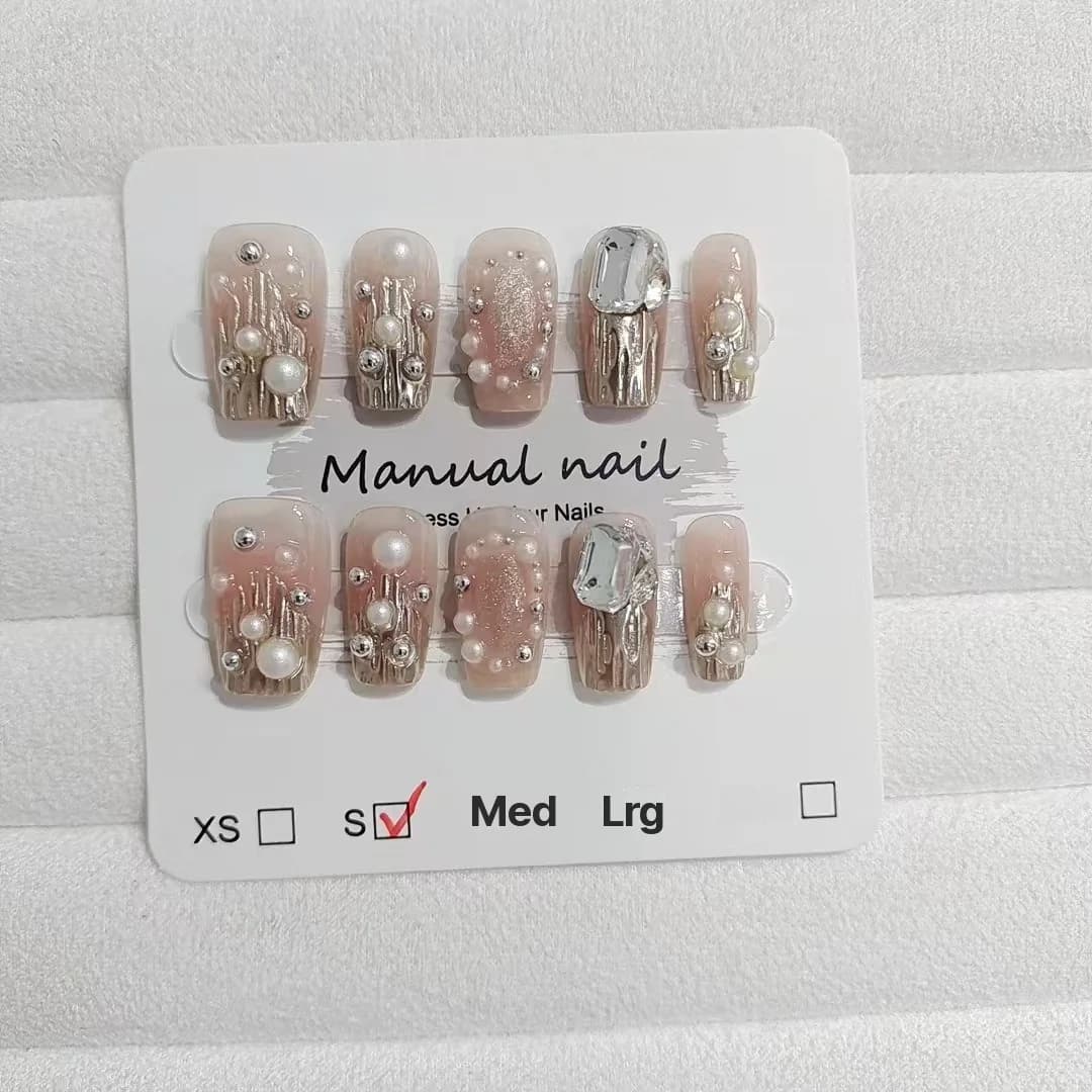 Gouden Strass & Parel Press-On Nails, Korte Vierkante Tips met Glitter