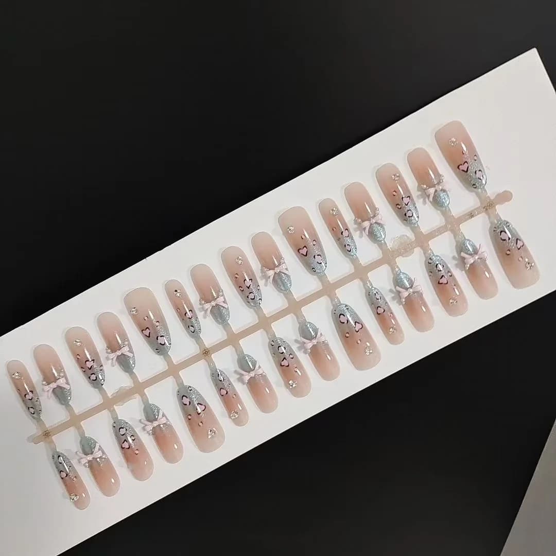 Press-on nails zeezout luipaard cat eye strik, lange stiletto