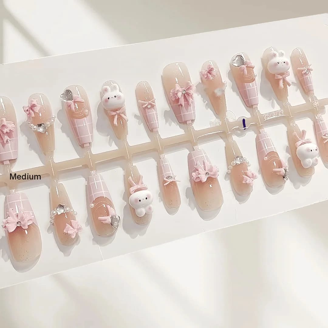Leuke Roze Konijn Press-on Nails 30 Stuks Medium Coffin Model