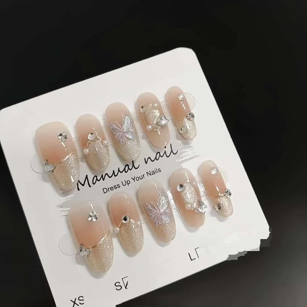 Kunstnagels Medium Ovaal French Tip Vlinderdesign Herbruikbare Set