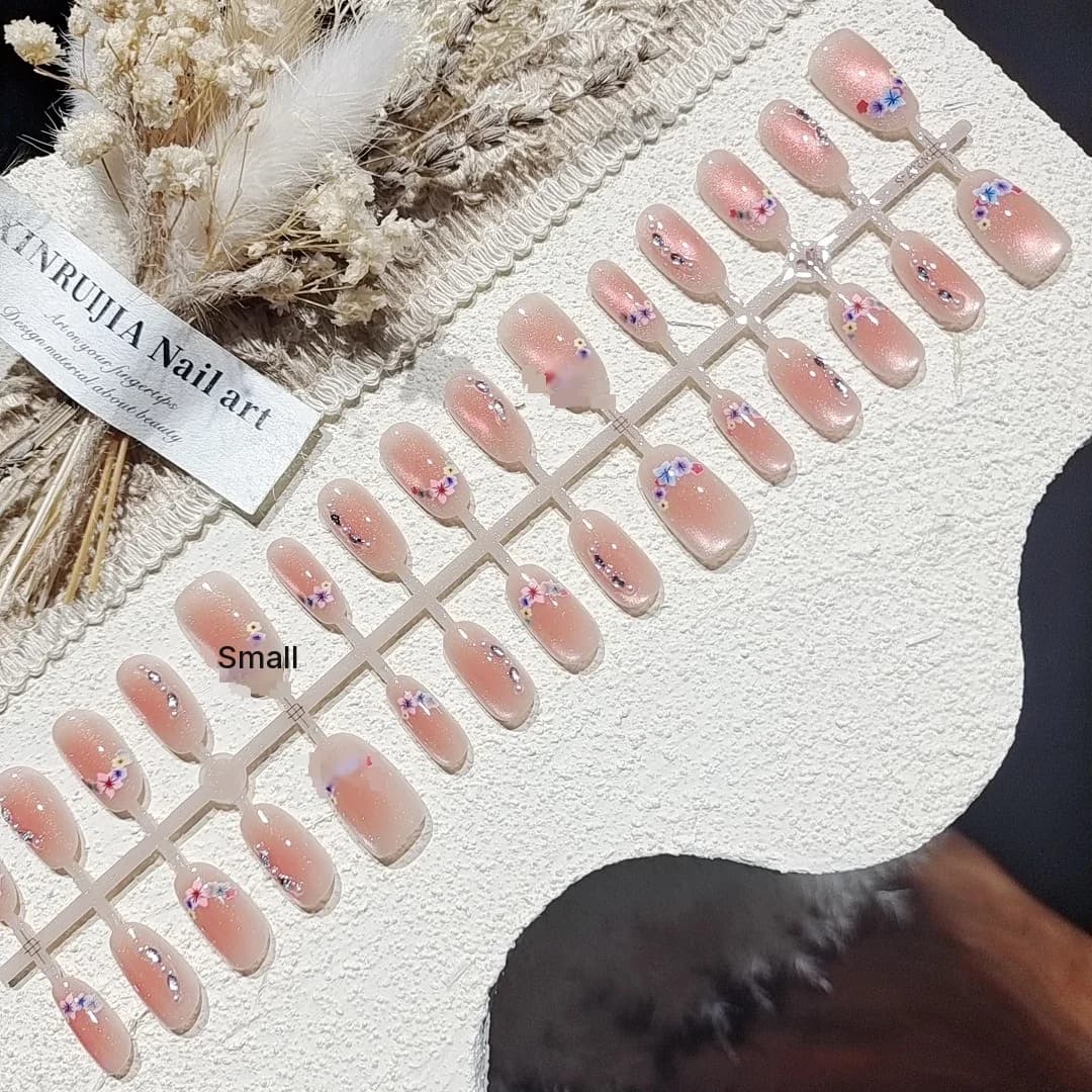 Kersenbloesem Cat Eye Press-On Nails met Strass