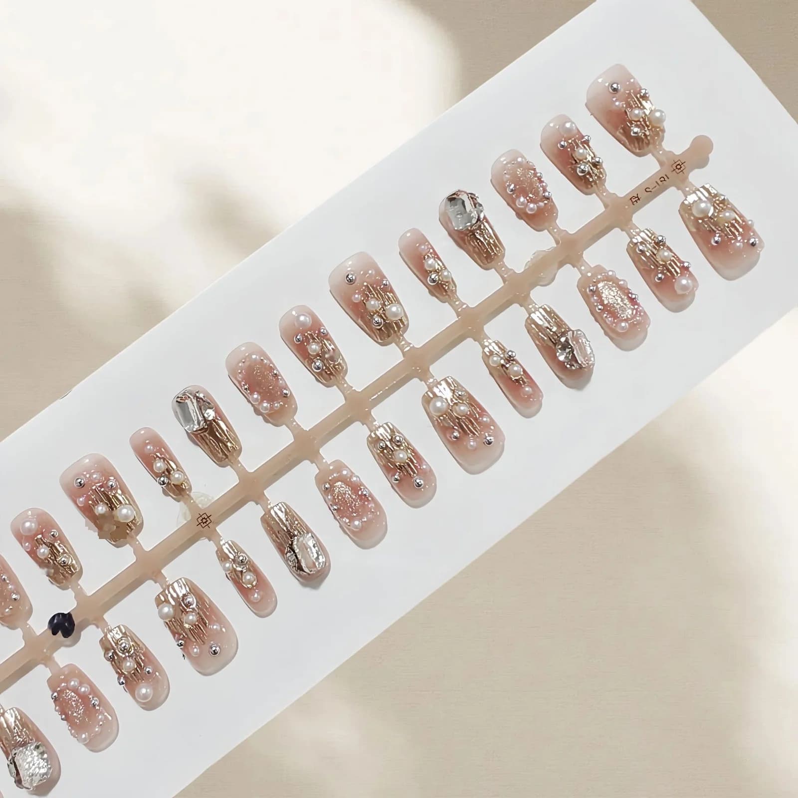 Gouden Strass & Parel Press-On Nails, Korte Vierkante Tips met Glitter