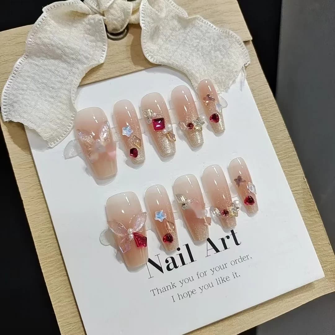 Vlinder Strass Press-On Nails, 30 Stuks, Medium Coffin Vorm
