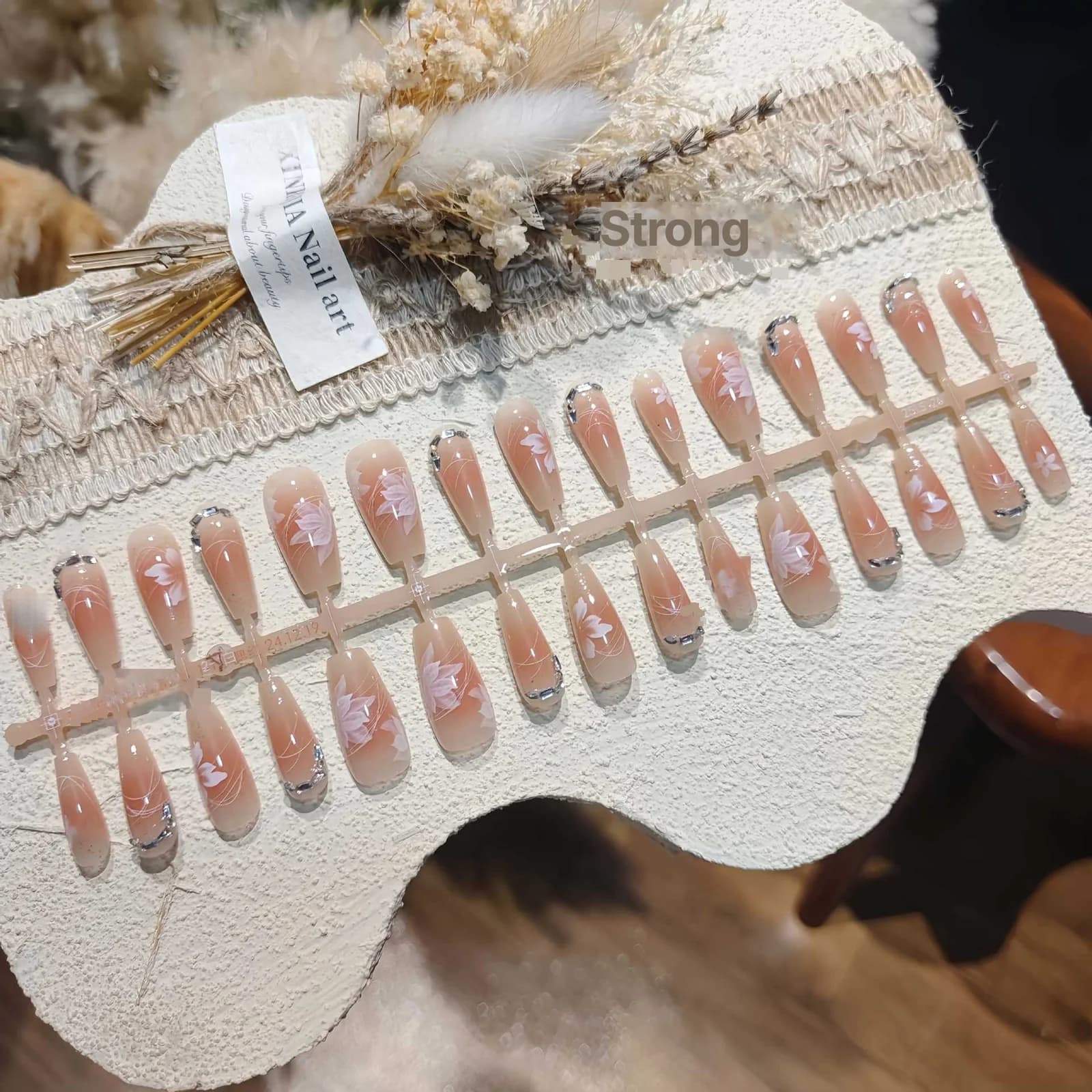 Lange Kunstnagels Bloemen Strass Roze Kleurovergang
