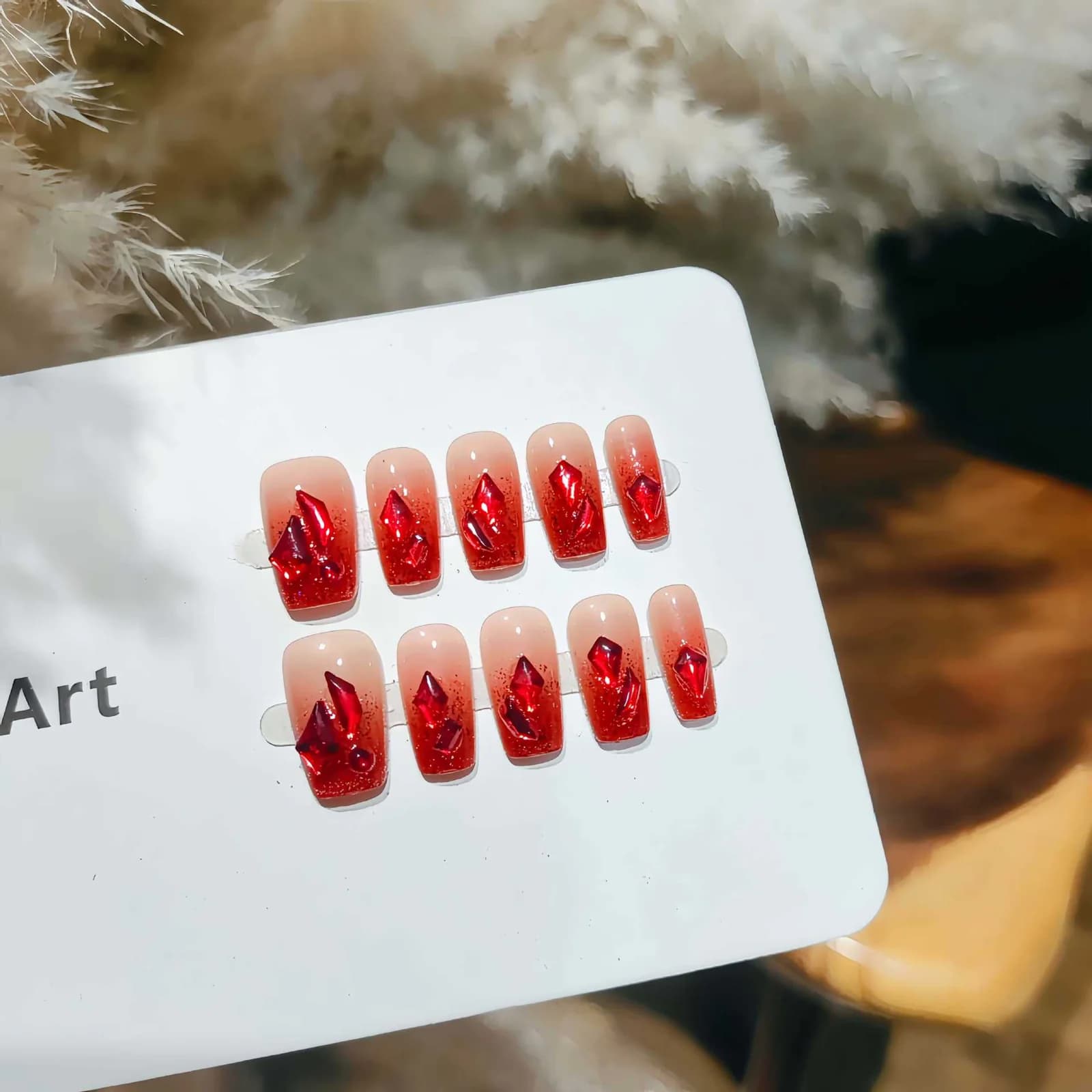 Rode Gradient Glitter Kunstnagels, Kort Kistvormig Model