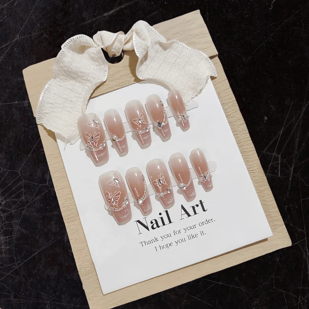 Press-on nagels met vlinders, parels en strass, set van 30 stuks